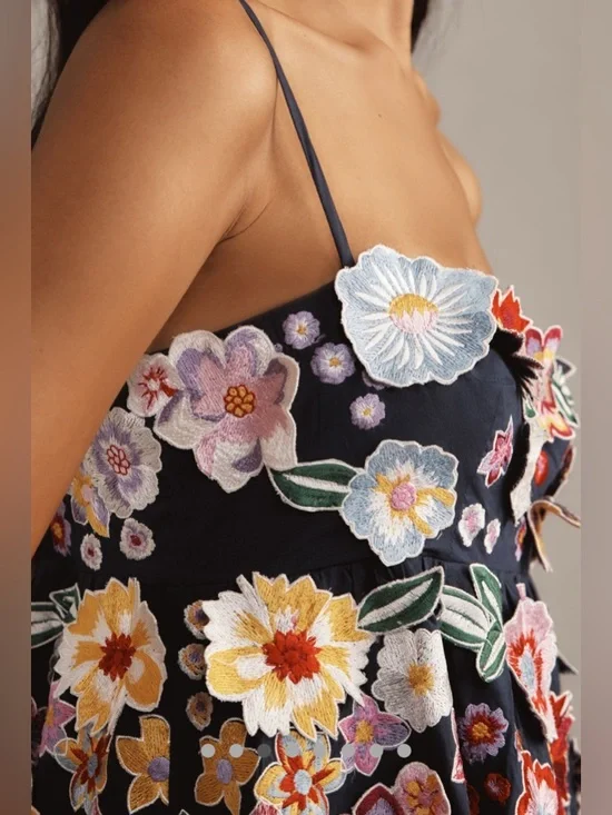 Anthropologie 3D Floral Embroidered Babydoll Mini Dress Navy Size Large - Picture 5 of 11